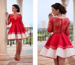 short cocktail dresses red half sleeves homecoming dresses full lace sheer jewel neck evening party dresses see through back9850225