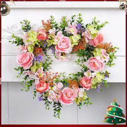 Decorative Flowers Heart-Shaped Garland 40cm Fake Floral Twig Creative Simulation Rose Flower Wreath Valentine Day Wedding Decor