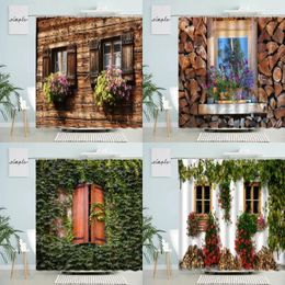 Shower Curtains European Town Window View Curtain Green Plants Flowers Vines Vintage Old Wooden House Wall Door Bathroom With Hook Screen