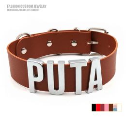 Necklaces Silver Colour Large Letter Sexy Puta Custom Name Necklaces For Women Men Personalised Brown Leather Choker Collar Cosplay Jewellery