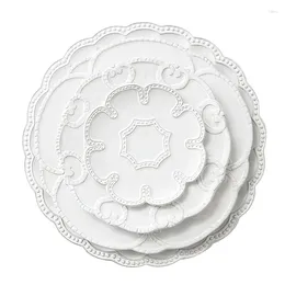 Plates Ceramic Plate White Relief Flower Shape Dinnerware Vintage Lace Bread Steak Dish Tableware Household Kitchen Supplies