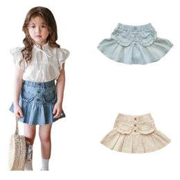 Sommar baby flickor denim kjol hög midja a-line ruffles kjol för barn flickor botten kläder 2-14 år kjolar legging cl935 240329