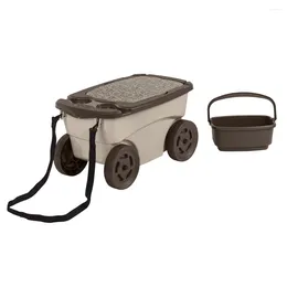 Storage Boxes Outdoor Rolling Garden Scooter With Wheels And Straps Light Grey Brown