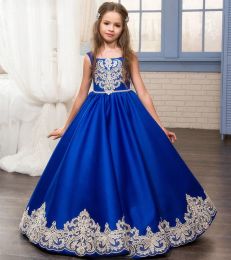 Dresses Royal Blue Flower Girl Dresses ONcek Appliques Sleeveless Ball Gown Formal Bow Sashes First Communion Gowns Vestidos Longo