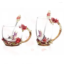 Mugs Red Rose Enamel Crystal Cup Flower Tea Glass High-grade Butterfly Water Mug Handle Single Gift F2