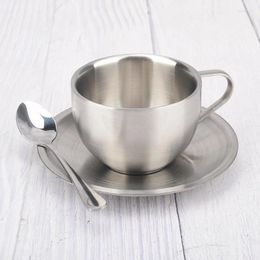 Mugs 304 Stainless Steel Coffee Cups Set Double-deck Thermal Insulation Latte Mug Tea Milk With Mat Spoon 200ml180ml