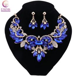 CYNTHIA Fashion Blue Crystal Necklace Earrings Set Bridal Jewellery Sets for Brides Wedding Party Costume Jewellery 240401