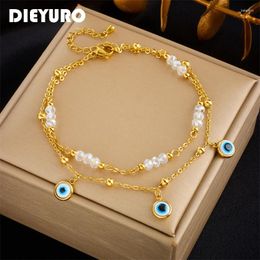 Anklets DIEYURO 316L Stainless Steel Double Layer Eyes Anklet For Women Girl Trend Feet Wrist Chains Non-fading Jewelry Gift Party