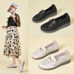 Casual Shoes 2024 Spring Summer Women Genuine Leather Flats Fashion Hollow Breathable Female Soft Sole Loafers Mother