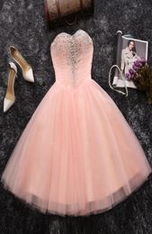 Pink Homecoming Dresses Short Party Dresses Pleats Tulle Ball Gown Prom Dresses Shining Sequins Beads Laceup Back Black Prom Dres8418581