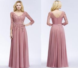 Dusty Pink A Line Chiffon 34 Sleeves Prom Dresses Applique Lace Reals Floor Length Long Evening Dress7363186