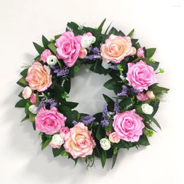 Decorative Flowers 40cm Spring Simulated Wreath Door Hanging Decoration Colorful Pink Rose Artificial Garlands Home Ornament