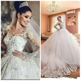 Dresses Vintage Wedding Dresses 20162017 Sheer Neck 3D Appliques Long Sleeves Wedding Dresses Luxury Tulle African Saudi Arabia Bridal Dr