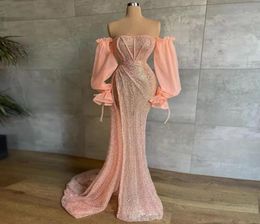 2022 Sparkly Sequin Beaded Formal Evening Dresses Long Luxury Mermaid Off Shoulder Long Sleeves Sexy High Slit Party Prom Gown 0717113778