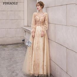 Party Dresses FDHAOLU FU96 Evening Lace Up Long Sleeves V-Neck Plus Size A-line Floor-length Simple Crystal Woman Formal Dress