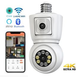 Cameras ICSEE 4K 8MP E27 Bulb WiFi Camera Dual Lens Dual Screen Auto Tracking Two Way Audio Colour Night Vision Outdoor Security Camera