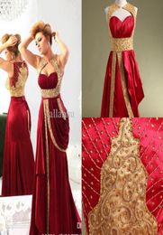 Real Image Gold Applique Dubai Arabic Evening Dresses Burgundy Satin Formal Evening Gowns Plus Size African Kftan Pageant Prom Dre9073263