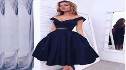 Gorgeous Dark Navy Blue Prom Dress 2 Pieces Tea Length Short Summer Special Occasion Dress Cocktail Evening Party Dress Women Wear7135257