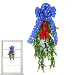 Decorative Flowers Independence Day Wreath 29.52x11.81inch Memorial Red White And Blue Patriotic Stars Artificial Flower Door Hanger