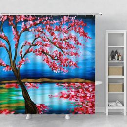 Shower Curtains Landscape Curtain Set Hooks Watercolour Pink Flower Tree Oil Painting Home Decor Bathroom Polyester Fabric Cloth