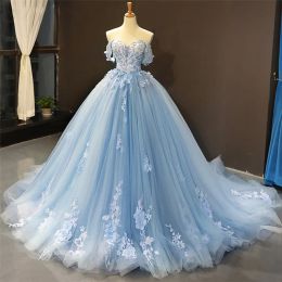 Dresses Off Shoulder Lace Appliques Ball Gown Prom Dress 2024 Sky Blue Beaded Lace Up Back Corset Quinceanera Party Gowns Formal Vestidos