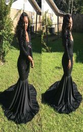 Sexy Elegant Black Girl Prom Dresses Evening Gowns Formal Dresses Mermaid Long Sleeves Vneck Pageant Dress with Sequined7425407