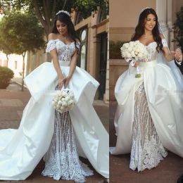Dresses Retro Lace Garden Wedding Dresses 2018 Off The Shoulder Bridal Gowns With Satin Overskirts Sweep Train Saudi Arabia Wedding Vestid