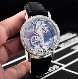 New Golden Bridge 42mm Steel Case Diamond Bezel Inner Skeleton Dial Automatic Tourbillon Mens Watch Sports Watches Black Leather C6677776