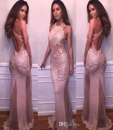 2018 New Dusty Rose Mermaid Prom Dresses Halter Neck Lace Appliques Sexy Backless Evening Dresses Vintage Formal Party Pageant Gow4125926
