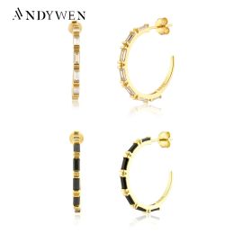 Earrings ANDYWEN New 925 Sterling Silver Gold Luxury Black Zircon Hoops Earring Piercing Clips Round Criollas LUCILLE Women Pendientes