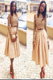 Champagne Lace Two Pieces Prom Dresses with Long Sleeves High Neck Crop Top Vintage Tea Length Short Party Homecoming Dress 2015 V2520607