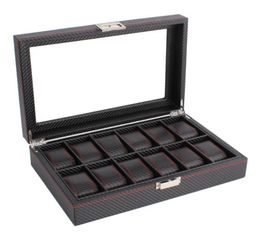 OUTAD 12 Slots Luxury Carbon Fibre Watch Box Jewellery Watch Display Storage Holder Rectangle Black Leather Case1366594