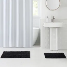 Shower Curtains Textured Black Chenille Polyester Bath Rug Set 2-Piece