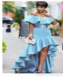 2019 Black Girls Long Blue Prom Dress Off Shoulder High Low Formal Holidays Wear Graduation Evening Party Gown Custom Made Plus Si3611430