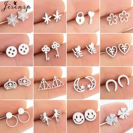 Stud Earrings 2024 Stainless Steel Women Silver Color Fashion Leaf Key Crown Fairy Earings Small Deathly Ear Studs Summer Pendientes