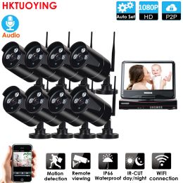 System 8CH AudioWireless cctv System Network 10.1"LCD Monitor NVR Recorder Wifi Kit 1080P HD audio Inputs 8pcs 2.0MP Security ip Camera