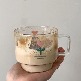 Mugs Korean Retro Tulip Flower Glass High Borosilicate Heat-resistant Water Cup Breakfast Milk Coffee Latte