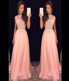 2021 Fancy New Pink Chiffon Long Prom Dresses Illusion Lace Top Flow Chiffon Floor Length Evening Vestidos De Fiesta Party Dresses9140484