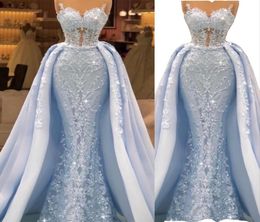 2022 Sexy Light Blue Luxurious Mermaid Evening Dresses Sweetheart Illusion Full Lace Appliques Crystal Beaded Long Overskirts Form2805664