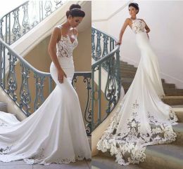 Dresses Popular Sell Mermaid Wedding Dresses Lace Satin Appliques Spaghetti Straps Sweep Train Wedding Bridal Gowns BC0190