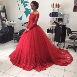 Dresses New Arrival Off the Shoulder Full Sleeve Lace Appliques Red Wedding Dress Elegant Reals Ball Gowns Bridal Dresses