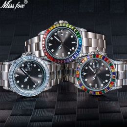 18 MISSFOX Swiss Lao Jia Fashion High Grade Inlaid Colourful Diamond Stainless Steel Glow Men's Watch