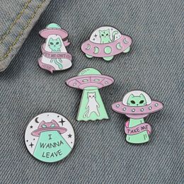 Alien Cat Enamel Pins UFO Space Ship Badges Take Me Leave Here Brooches for Women Men Outer Space Jewelry Universe Nerd Gifts