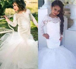 Modest Mermaid Long Sleeves Flower Girls Dresses Lace Tulle Applique Wedding Party Kids First Communion Pageant Dress for Girls1603899