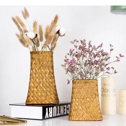 Vases Vintage Nordic Woven Vase Straw Rattan Bamboo Weave Decorative Flower Basket Small Pot Home Decor