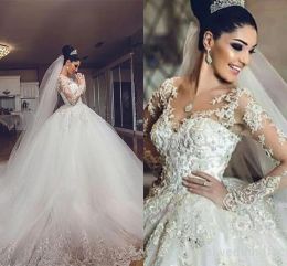 Dresses African Vintage Wedding Dresses Sheer Neck 3D Appliques Long Sleeves Wedding Dress Luxury Tulle Saudi Arabia Bridal vestidos