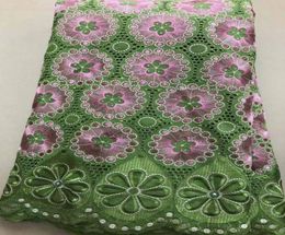 5Yards Beautiful green and pink flower design african cotton fabric and rhinestone swiss voile lace embroidery for dress LC1172394672