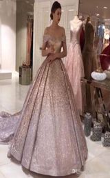 Dubai Sparkly Rose Gold Sequined Ball Gown Quinceanera Dresses Off Shoulder Party Dress Sweetheart Court Train Formal Evening Gown1468467