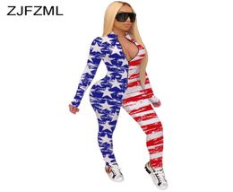 American Flag Print Rompers Womens Jumpsuit Deep V Neck Full Sleeve Club Party Bodysuit Streetwear Front Zipper Fitness Catsuits9401224
