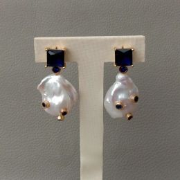 Earrings Cultured White Baroque Pearl Blue Cubic Zirconia micro pave Rhinestone square Stud Earrings
